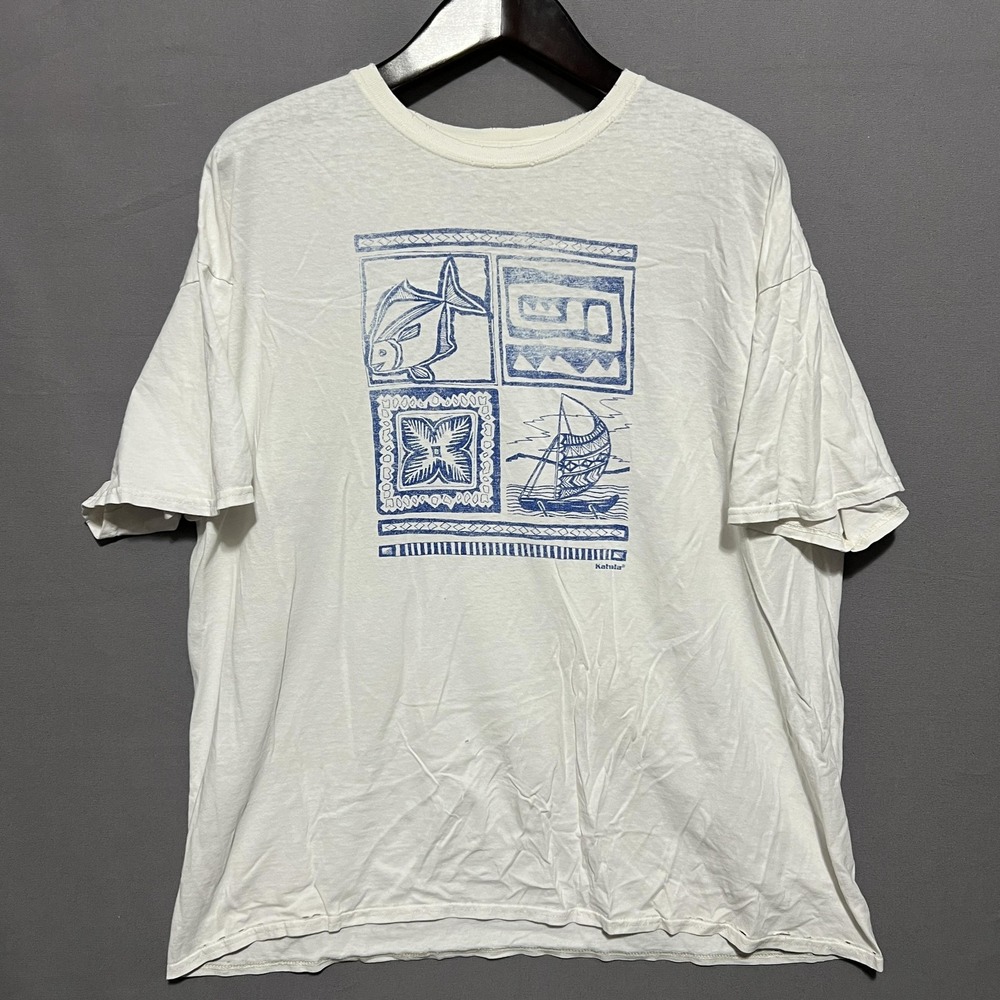 Kahala Shirt Mens XL White Hawaiian Nautical Fish Sailboat‎ Graphic Tee T-Shirt